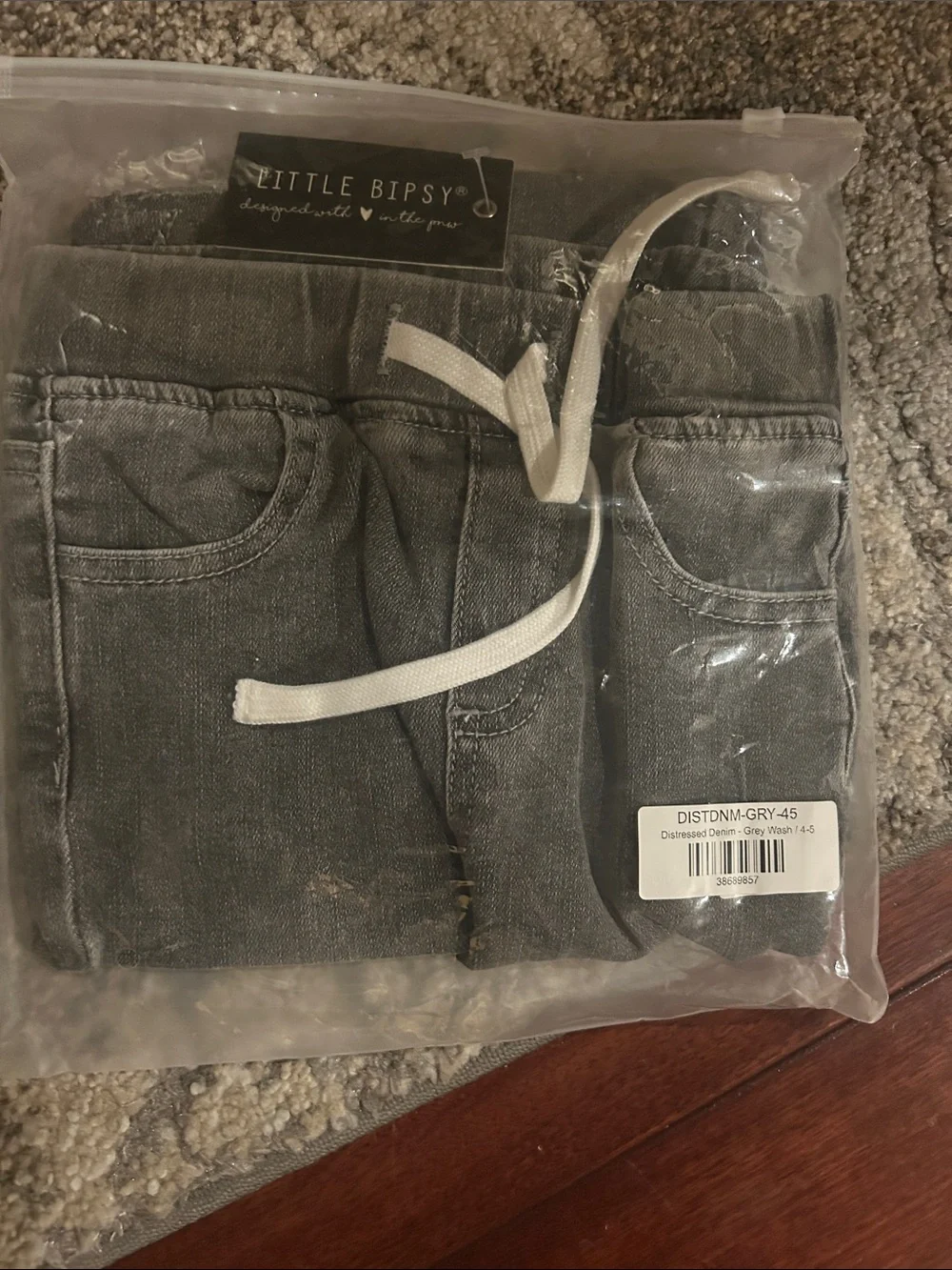 Little Bipsy Gray Distressed Denim Joggers size 4-5  with White Drawstring
